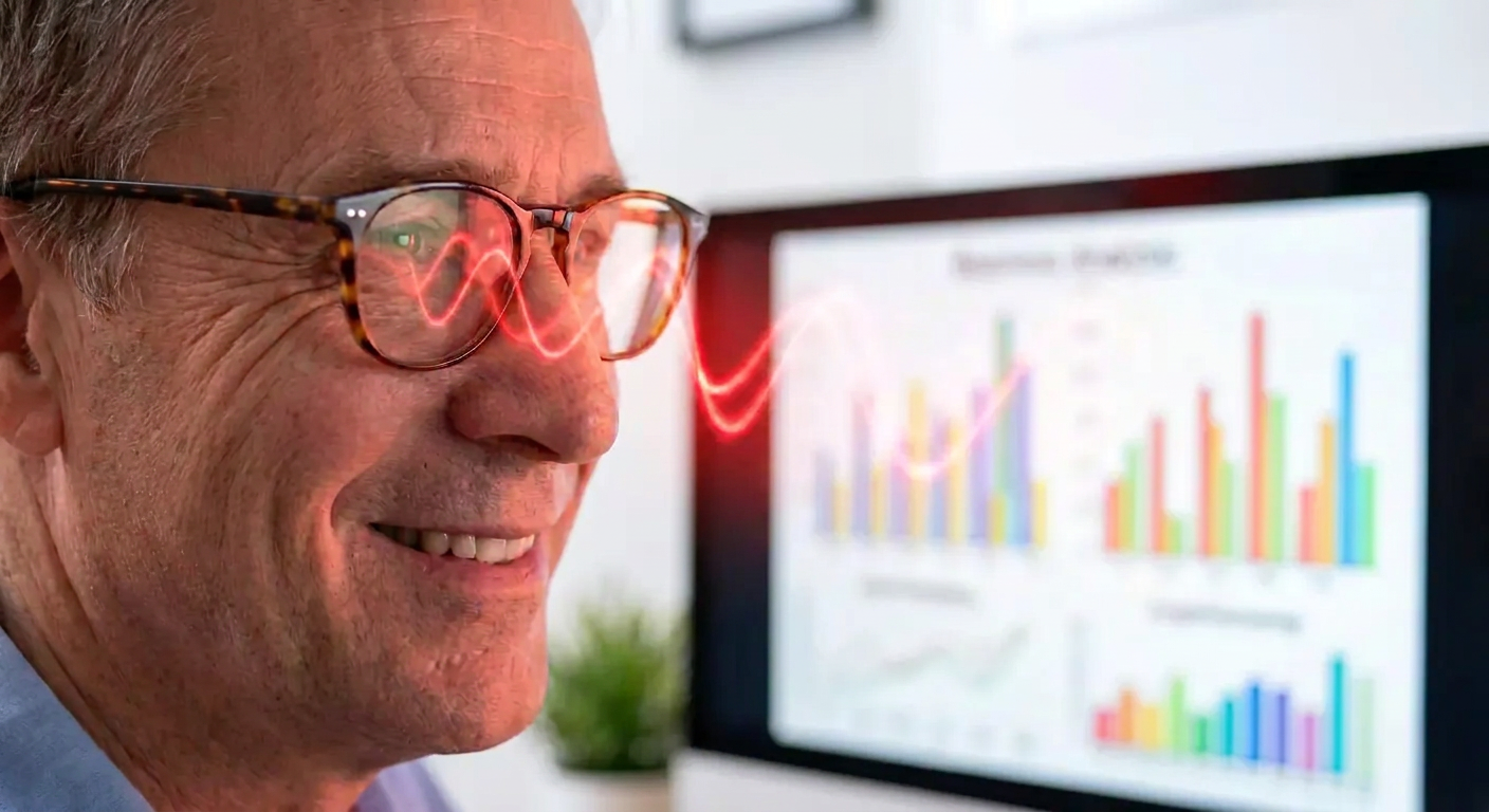 Person viewing a monitor with a subtle red light reflection